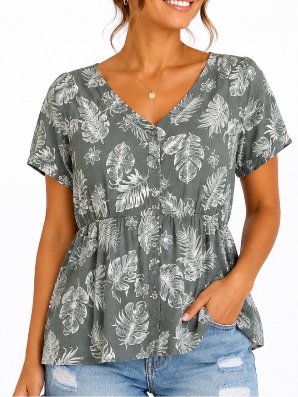LUSH Womens Grey Floral Button-Front Short Sleeve Top babydoll blouse SZ XL